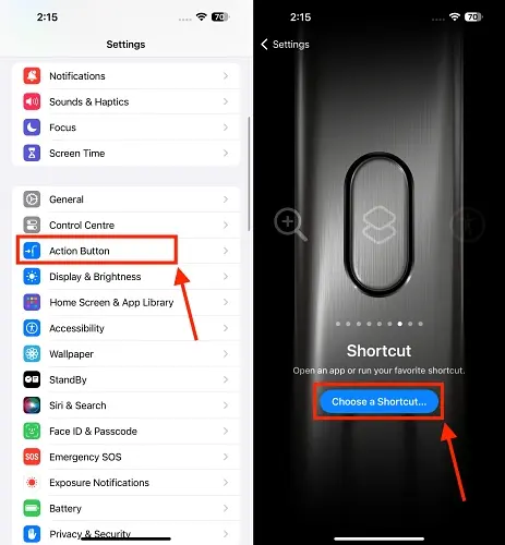 Tìm chọn biểu tượng Shortcut trong tùy chọn Action Button
